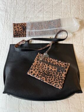 Nordstrom Black Tote with Leopard-Print Pouch and Strap Accent